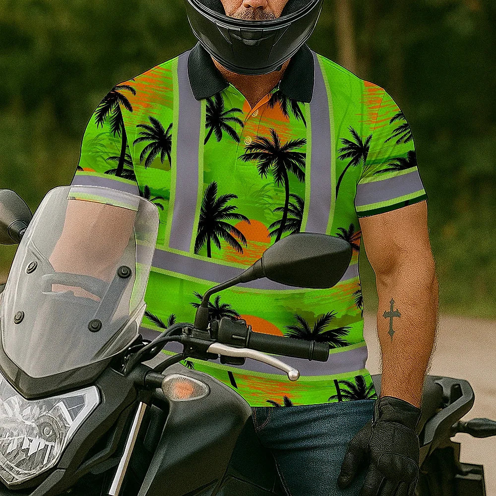 Hi Vis Polo Shirt Reflective Tapes Green Neon Flowers Custom Name