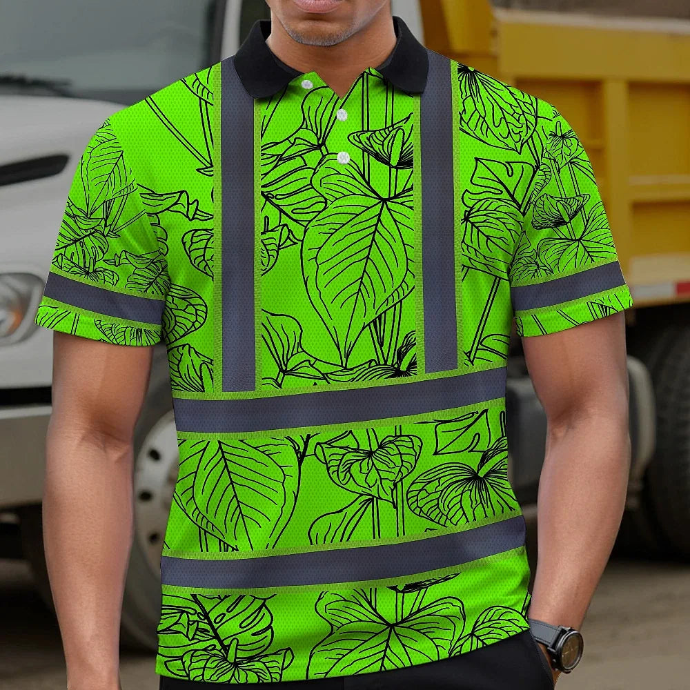 Hi Vis Polo Shirt Reflective Tapes Green Neon Flowers Custom Name Safety Workwear For Workers, Truckers, Operators