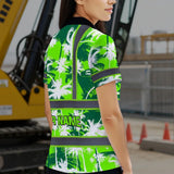 Hi Vis Polo Shirt Reflective Tapes Green Neon Flowers Custom Name Safety Workwear For Workers, Truckers, Operators