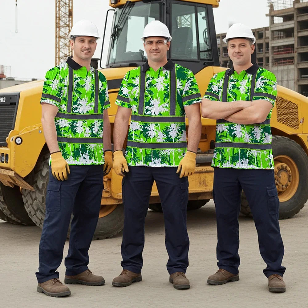 Hi Vis Polo Shirt Reflective Tapes Green Neon Flowers Custom Name Safety Workwear For Workers, Truckers, Operators