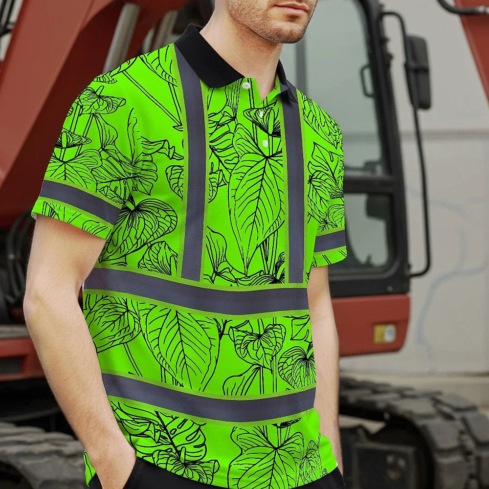 Hi Vis Polo Shirt Reflective Tapes Green Neon Flowers Custom Name Safety Workwear For Workers, Truckers, Operators