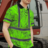 Hi Vis Polo Shirt Reflective Tapes Green Neon Flowers Custom Name Safety Workwear For Workers, Truckers, Operators
