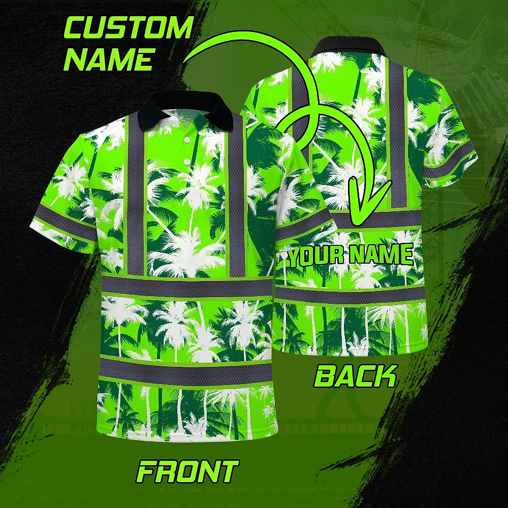 Hi Vis Polo Shirt Reflective Tapes Green Neon Flowers Custom Name Safety Workwear For Workers, Truckers, Operators