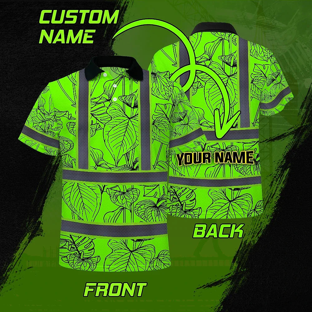 Hi Vis Polo Shirt Reflective Tapes Green Neon Flowers Custom Name Safety Workwear For Workers, Truckers, Operators