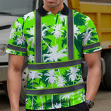 Hi Vis Polo Shirt Reflective Tapes Green Neon Flowers Custom Name Safety Workwear For Workers, Truckers, Operators
