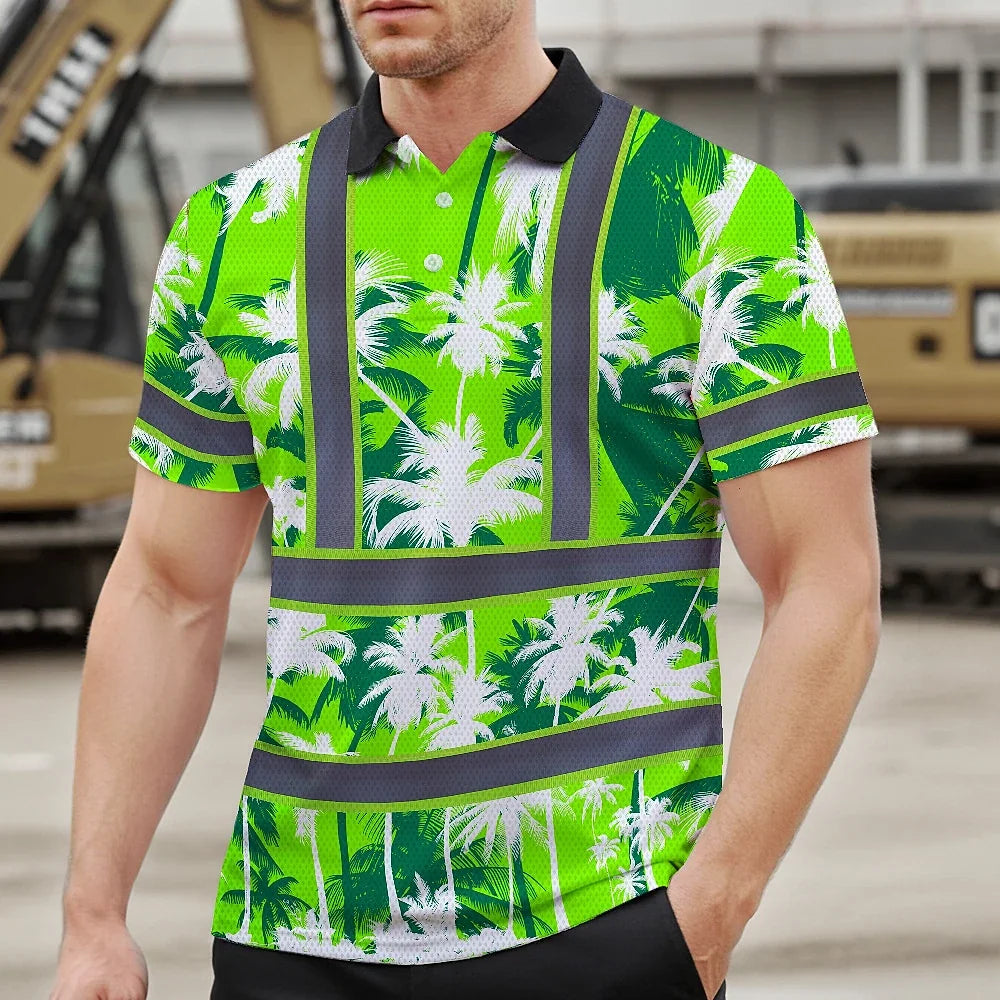Hi Vis Polo Shirt Reflective Tapes Green Neon Flowers Custom Name Safety Workwear For Workers, Truckers, Operators