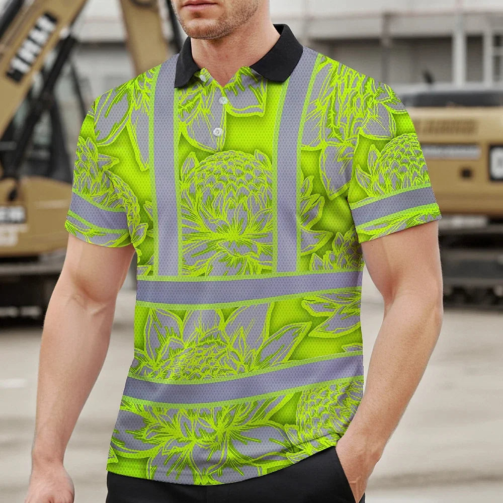 Hi Vis Polo Shirt Reflective Tapes Green Neon Grey Protea Custom Name Safety Workwear For Workers, Truckers, Operators