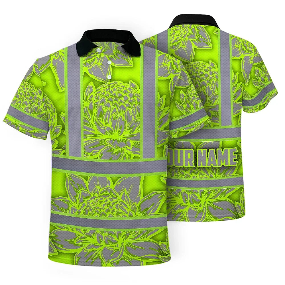 Hi Vis Polo Shirt Reflective Tapes Green Neon Grey Protea Custom Name Safety Workwear For Workers, Truckers, Operators