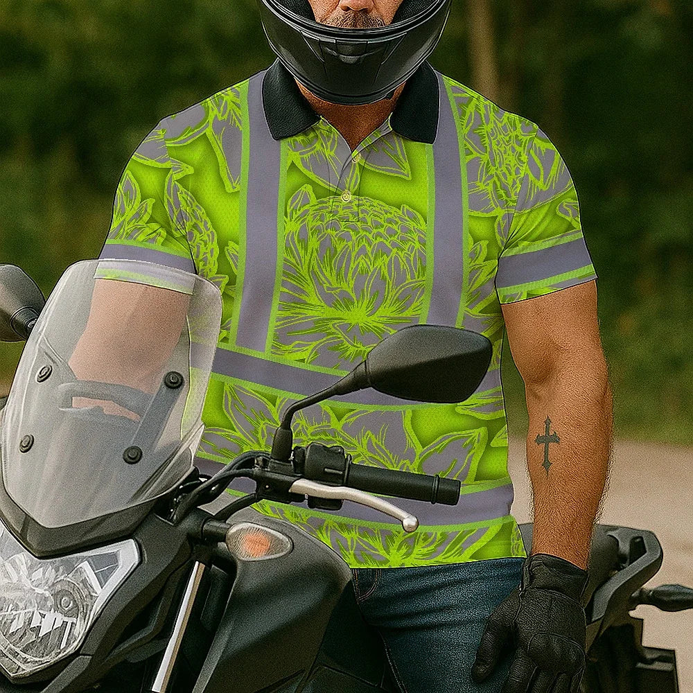 Hi Vis Polo Shirt Reflective Tapes Green Neon Grey Protea Custom Name Safety Workwear For Workers, Truckers, Operators