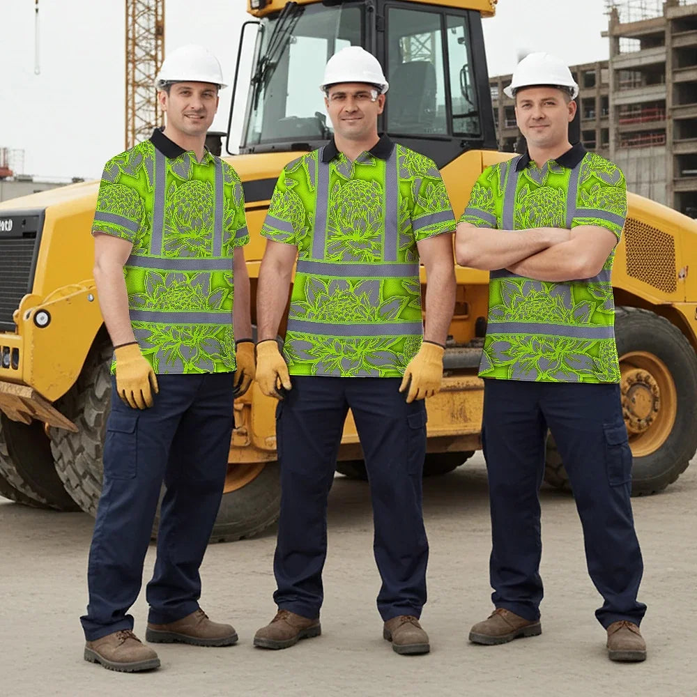 Hi Vis Polo Shirt Reflective Tapes Green Neon Grey Protea Custom Name Safety Workwear For Workers, Truckers, Operators