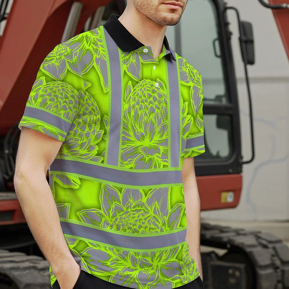 Hi Vis Polo Shirt Reflective Tapes Green Neon Grey Protea Custom Name Safety Workwear For Workers, Truckers, Operators