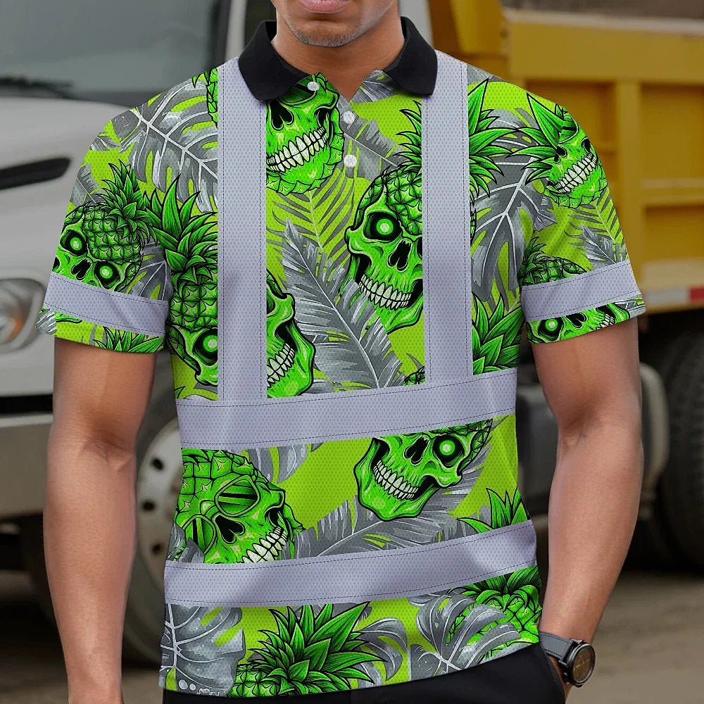 Hi Vis Polo Shirt Reflective Tapes Green Neon Grey Skull Pineapple Custom Name Safety Workwear For Workers, Truckers, Operators