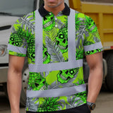 Hi Vis Polo Shirt Reflective Tapes Green Neon Grey Skull Pineapple Custom Name Safety Workwear For Workers, Truckers, Operators
