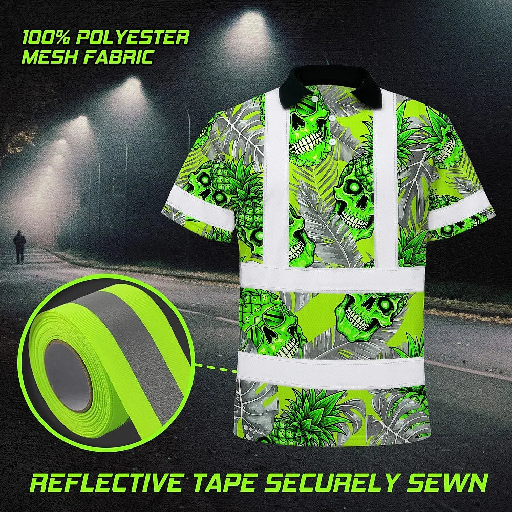 Hi Vis Polo Shirt Reflective Tapes Green Neon Grey Skull Pineapple Custom Name Safety Workwear For Workers, Truckers, Operators