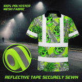 Hi Vis Polo Shirt Reflective Tapes Green Neon Grey Skull Pineapple Custom Name Safety Workwear For Workers, Truckers, Operators