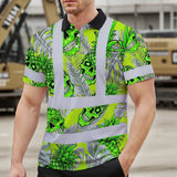 Hi Vis Polo Shirt Reflective Tapes Green Neon Grey Skull Pineapple Custom Name Safety Workwear For Workers, Truckers, Operators