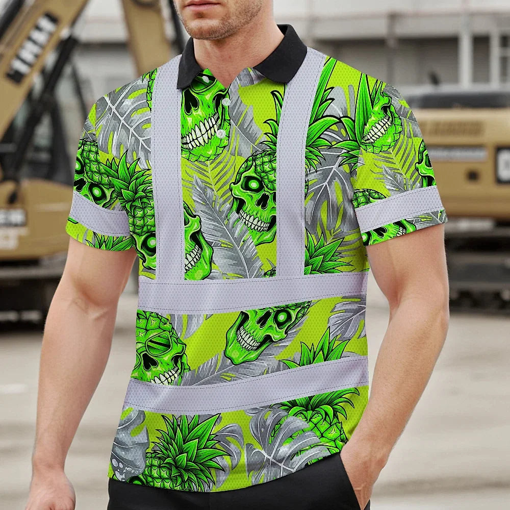 Hi Vis Polo Shirt Reflective Tapes Green Neon Grey Skull Pineapple Custom Name Safety Workwear For Workers, Truckers, Operators