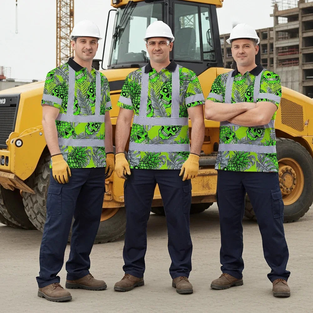 Hi Vis Polo Shirt Reflective Tapes Green Neon Grey Skull Pineapple Custom Name Safety Workwear For Workers, Truckers, Operators