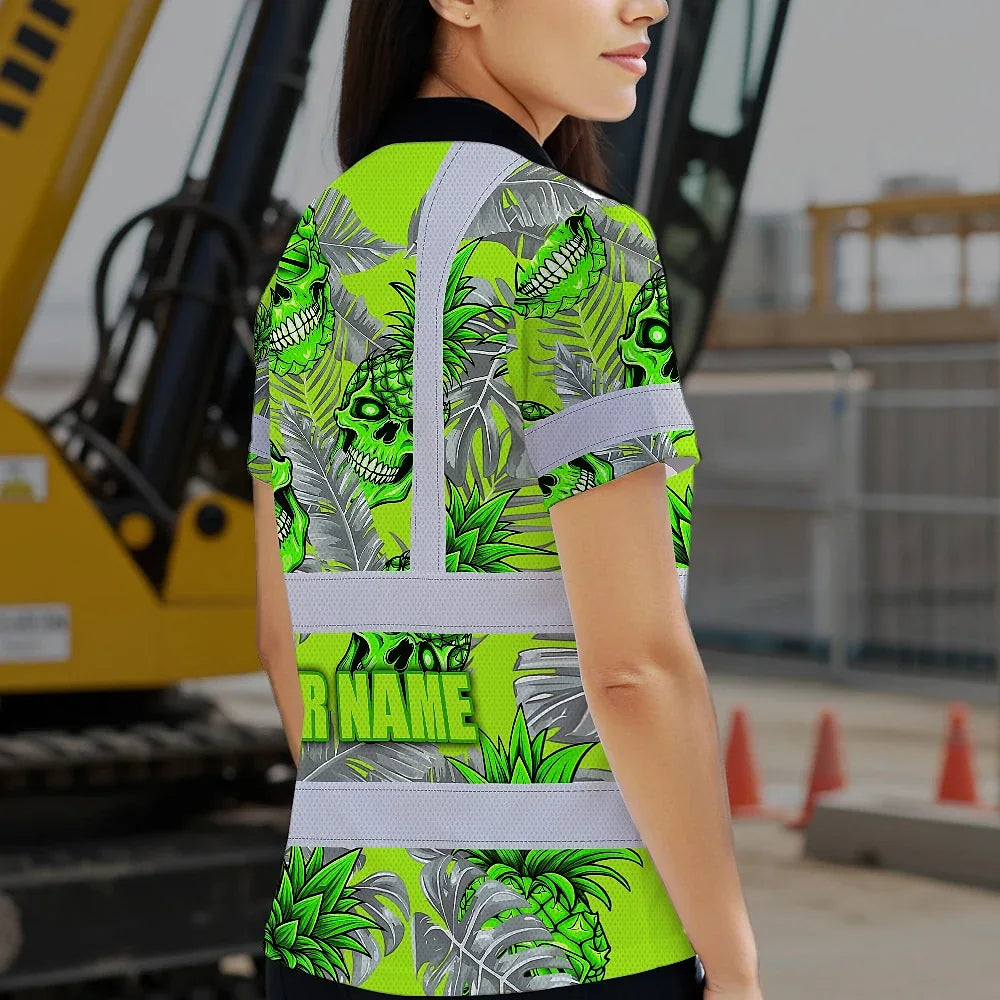 Hi Vis Polo Shirt Reflective Tapes Green Neon Grey Skull Pineapple Custom Name Safety Workwear For Workers, Truckers, Operators