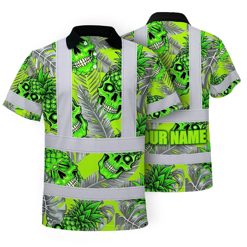 Hi Vis Polo Shirt Reflective Tapes Green Neon Grey Skull Pineapple Custom Name Safety Workwear For Workers, Truckers, Operators
