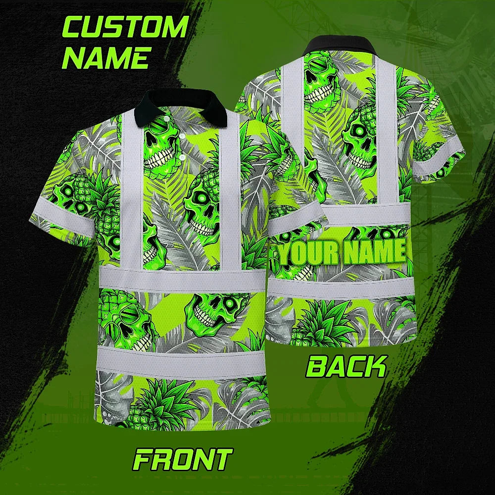 Hi Vis Polo Shirt Reflective Tapes Green Neon Grey Skull Pineapple Custom Name Safety Workwear For Workers, Truckers, Operators