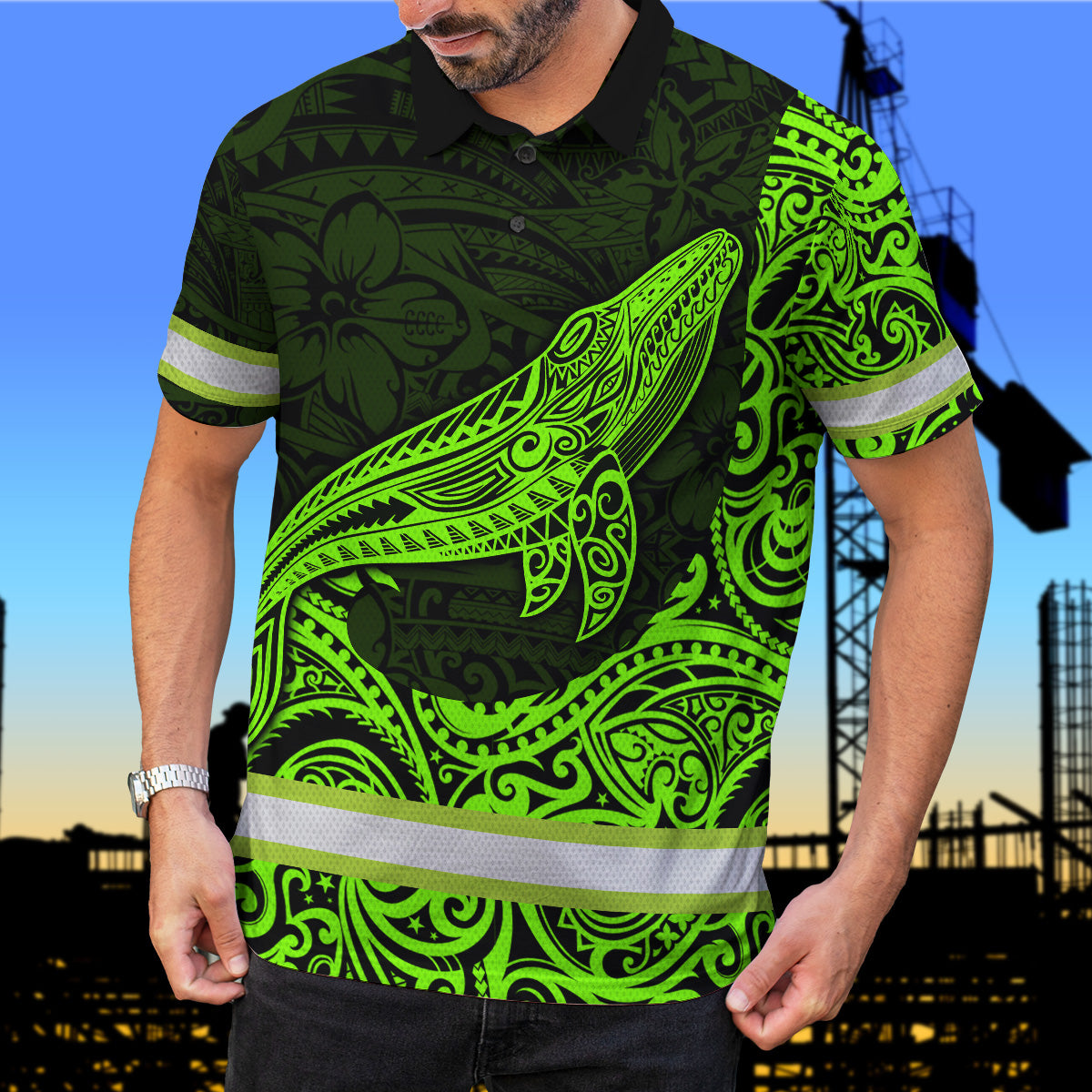 Hi Vis Polo Shirt Reflective Tapes Green Neon Hawaii Whale