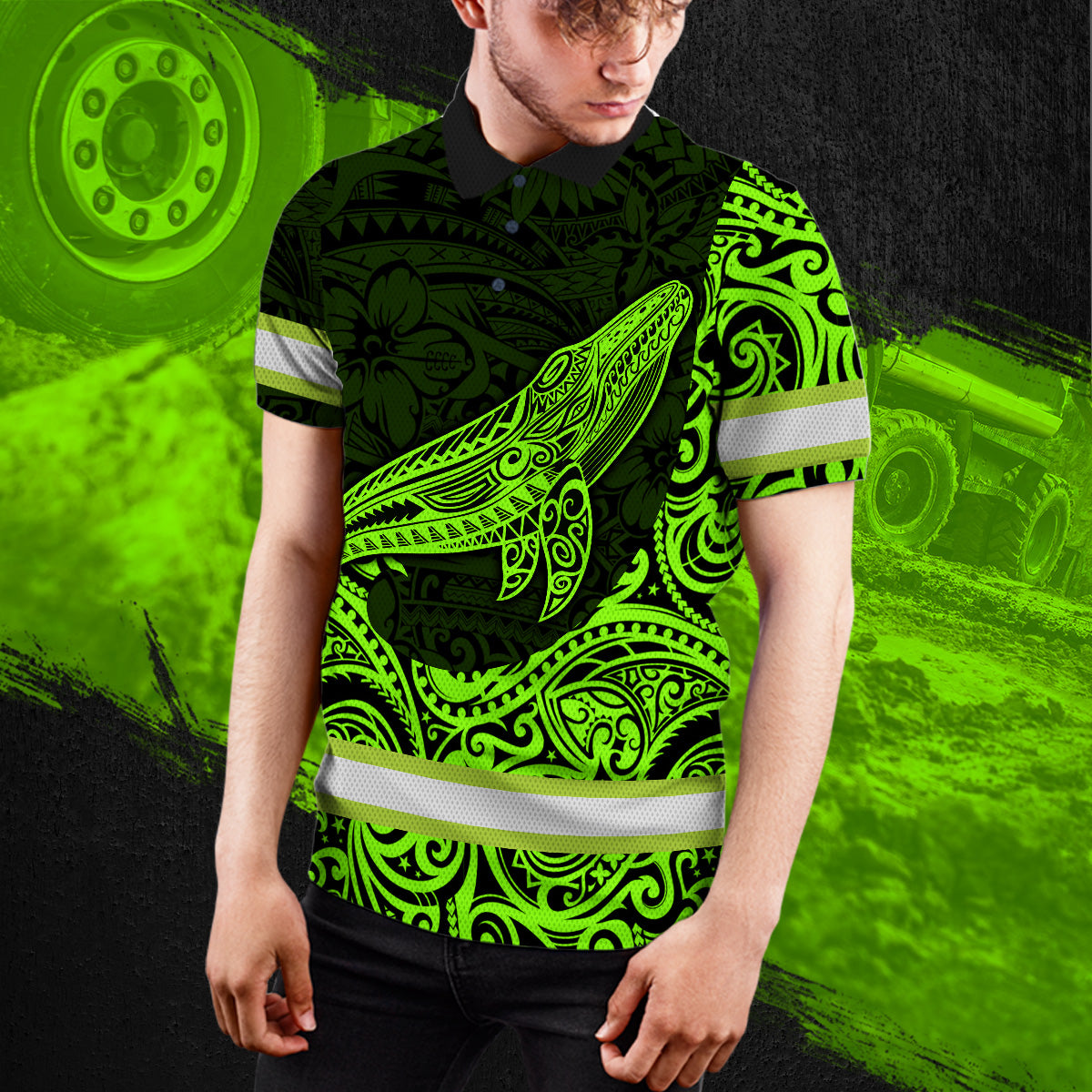 Hi Vis Polo Shirt Reflective Tapes Green Neon Hawaii Whale