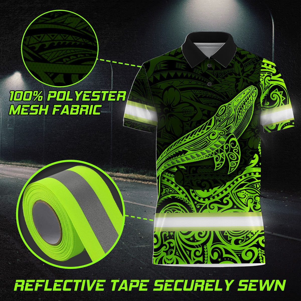 Hi Vis Polo Shirt Reflective Tapes Green Neon Hawaii Whale