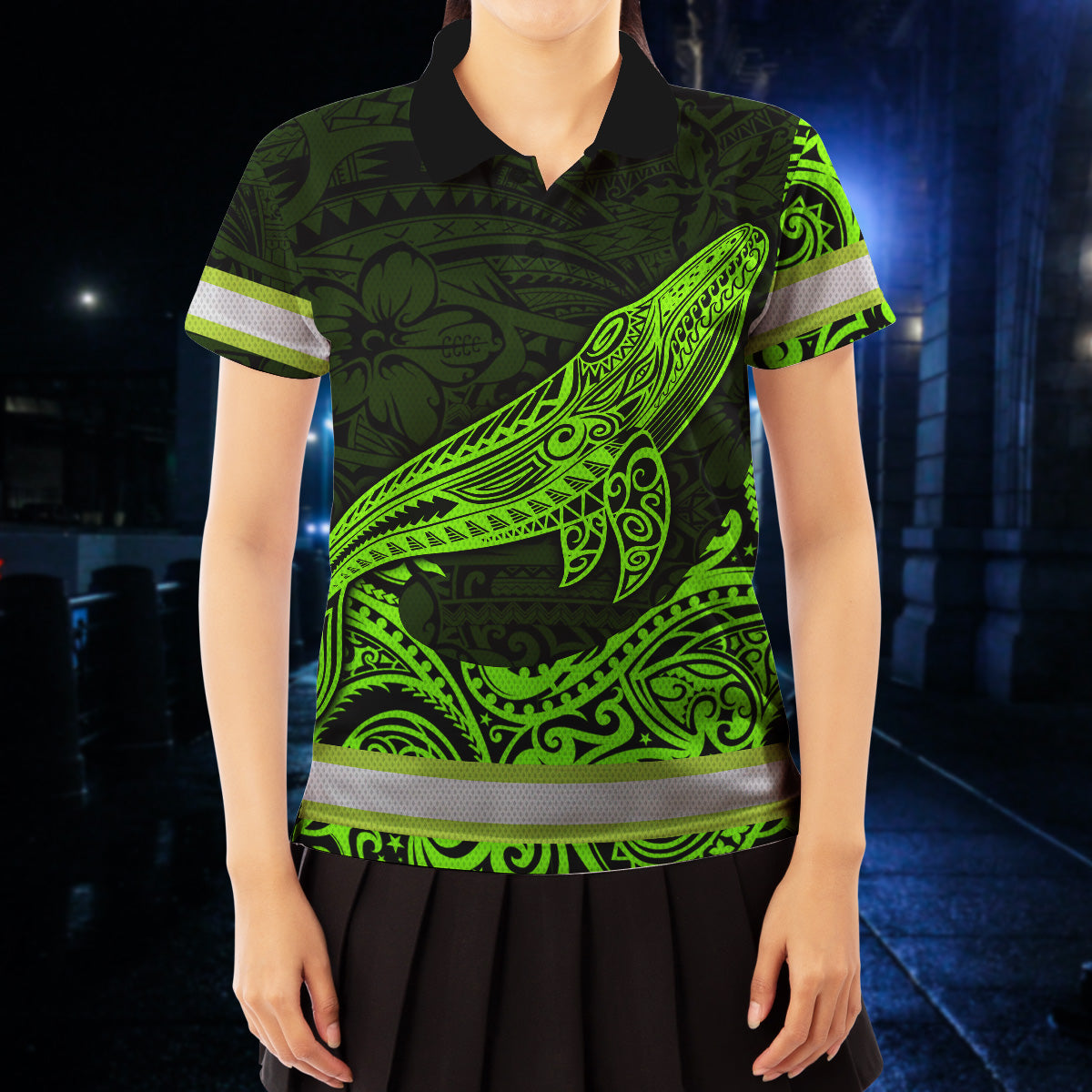Hi Vis Polo Shirt Reflective Tapes Green Neon Hawaii Whale