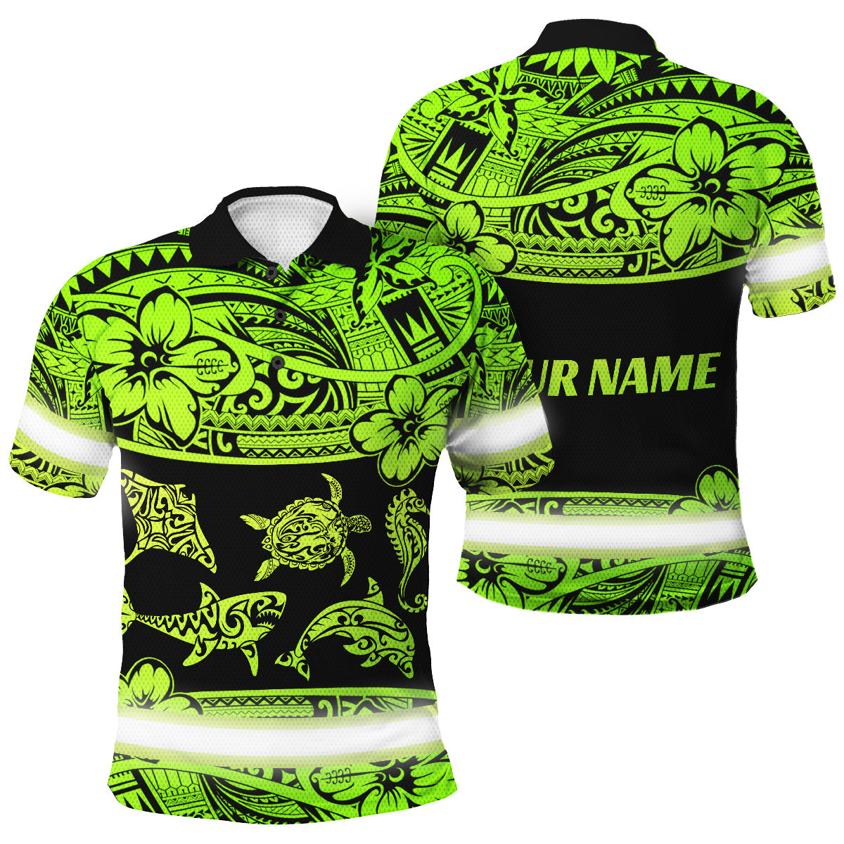 Hi Vis Polo Shirt Reflective Tapes Green Neon Hawaiian Polynesian Tribal