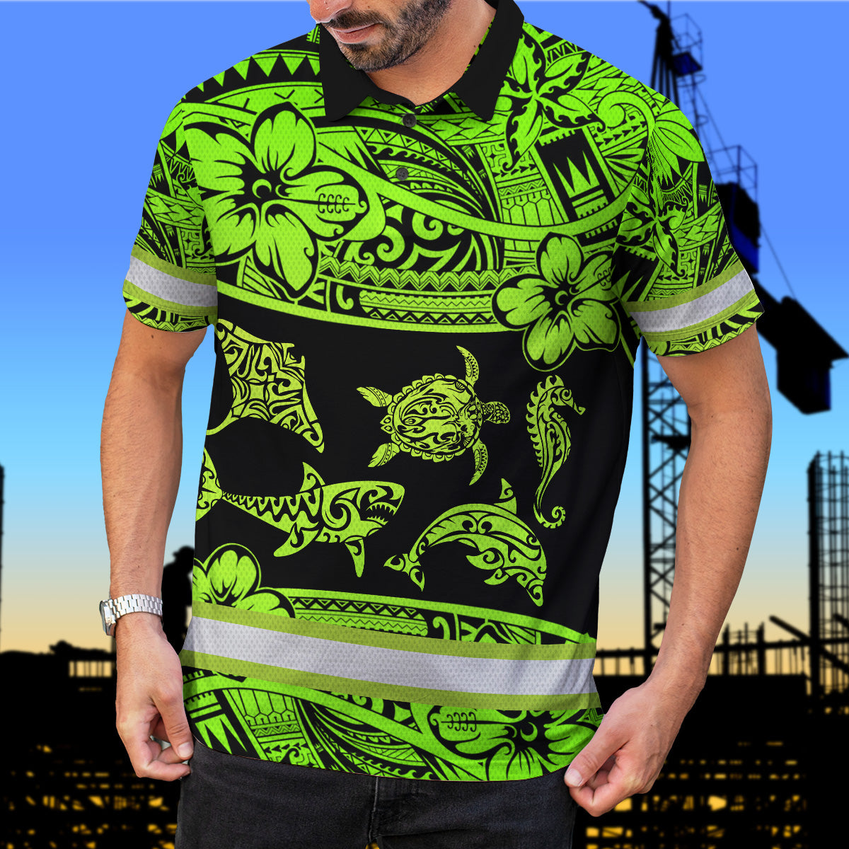 Hi Vis Polo Shirt Reflective Tapes Green Neon Hawaiian Polynesian Tribal