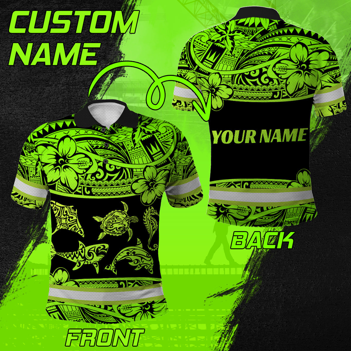 Hi Vis Polo Shirt Reflective Tapes Green Neon Hawaiian Polynesian Tribal