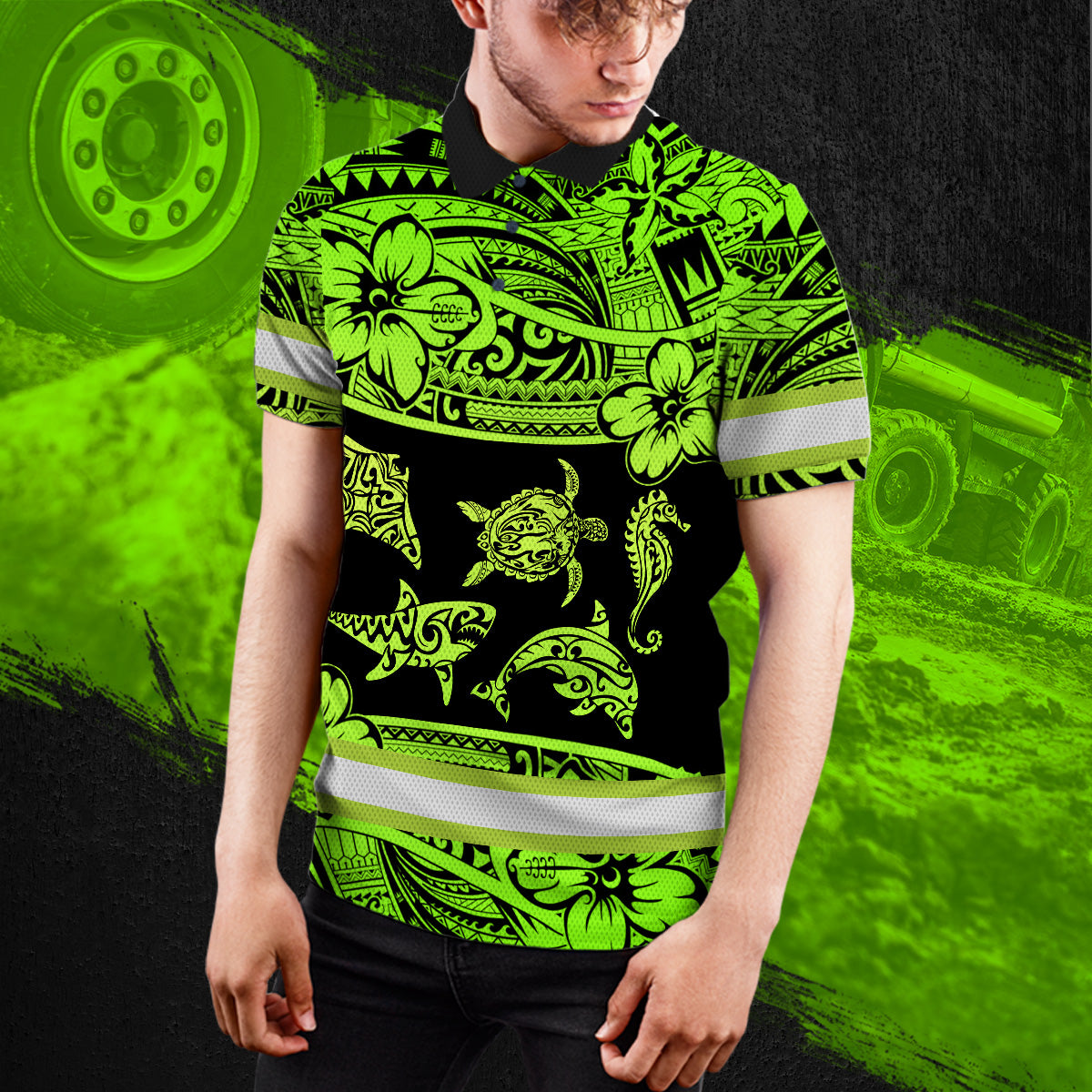 Hi Vis Polo Shirt Reflective Tapes Green Neon Hawaiian Polynesian Tribal