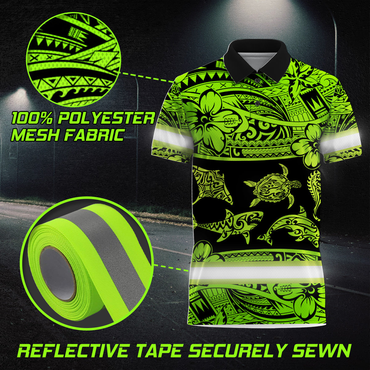 Hi Vis Polo Shirt Reflective Tapes Green Neon Hawaiian Polynesian Tribal