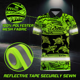 Hi Vis Polo Shirt Reflective Tapes Green Neon Hawaiian Polynesian Tribal