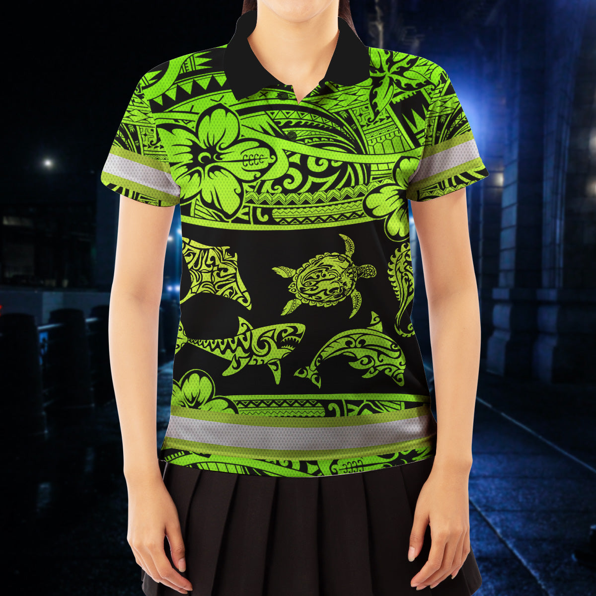 Hi Vis Polo Shirt Reflective Tapes Green Neon Hawaiian Polynesian Tribal