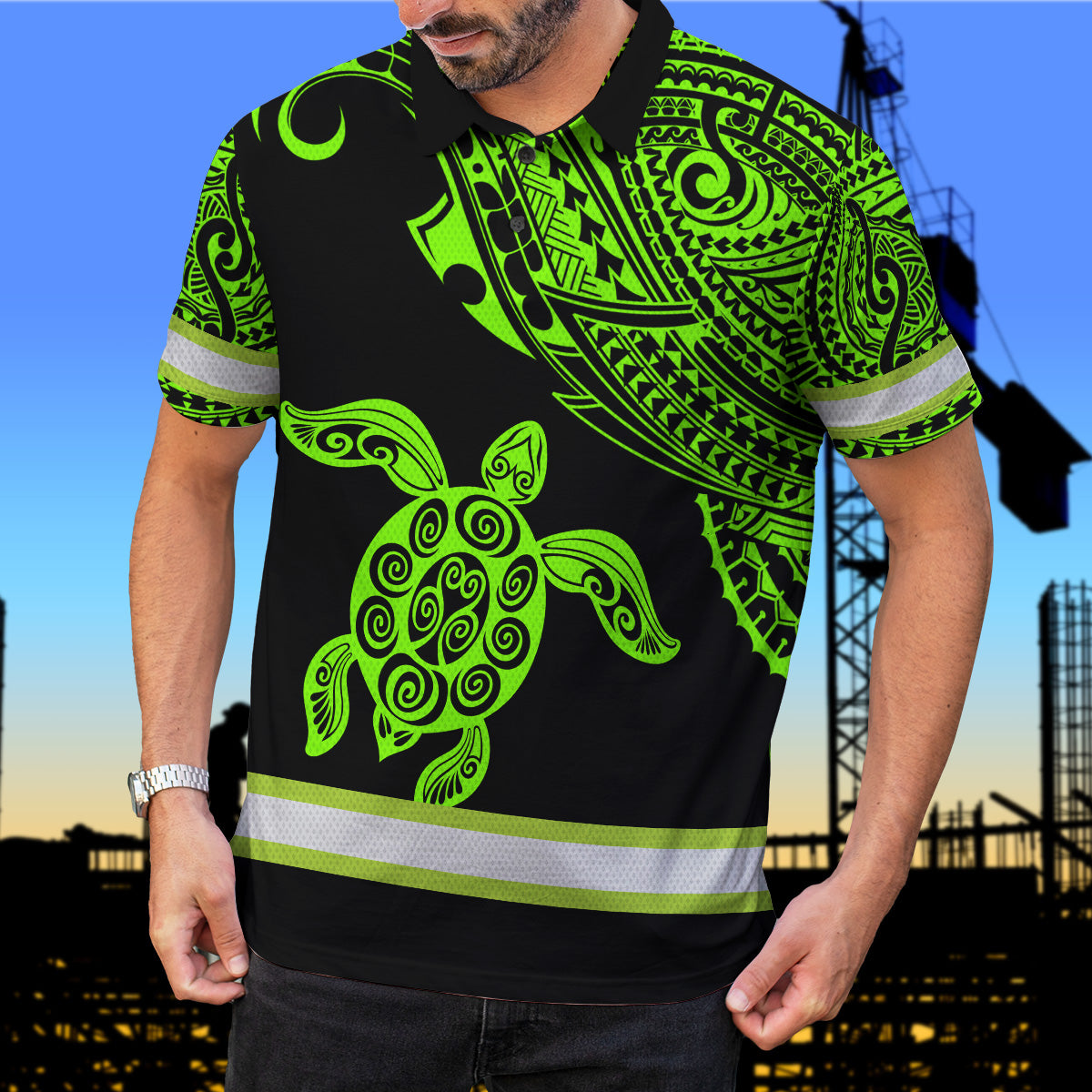 Hi Vis Polo Shirt Reflective Tapes Green Neon Turtle Hawaii Custom Name
