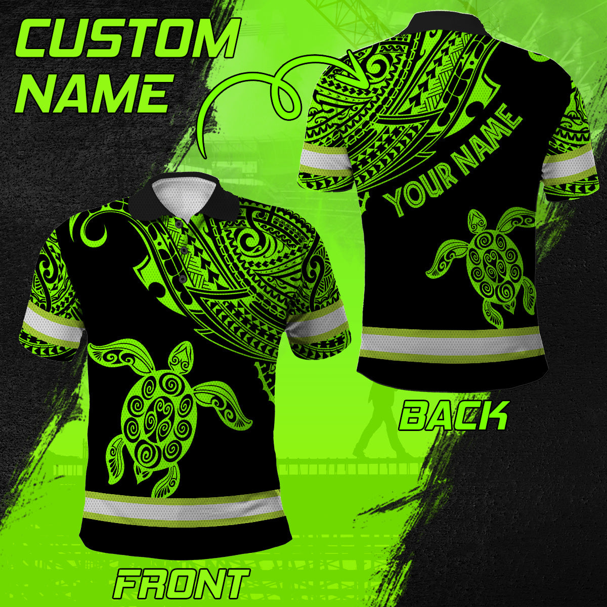 Hi Vis Polo Shirt Reflective Tapes Green Neon Turtle Hawaii Custom Name