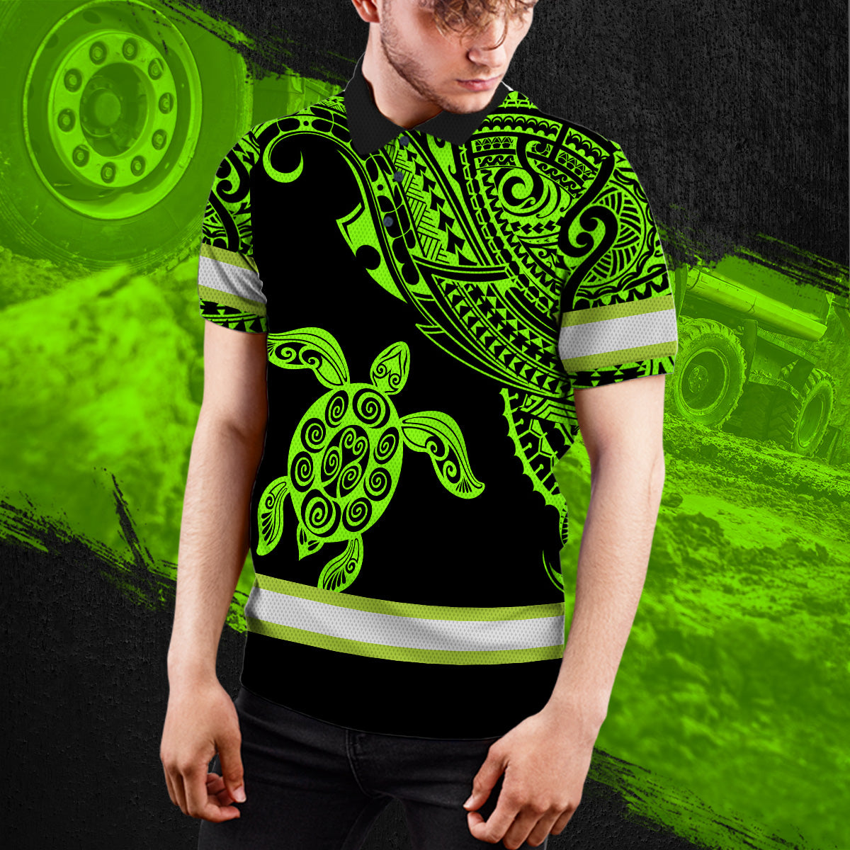 Hi Vis Polo Shirt Reflective Tapes Green Neon Turtle Hawaii Custom Name