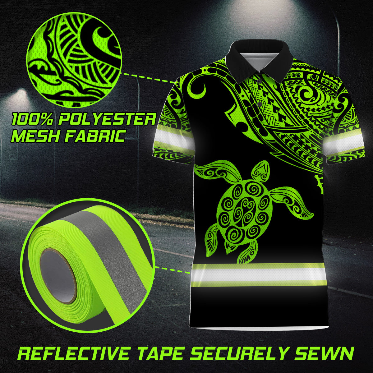 Hi Vis Polo Shirt Reflective Tapes Green Neon Turtle Hawaii Custom Name