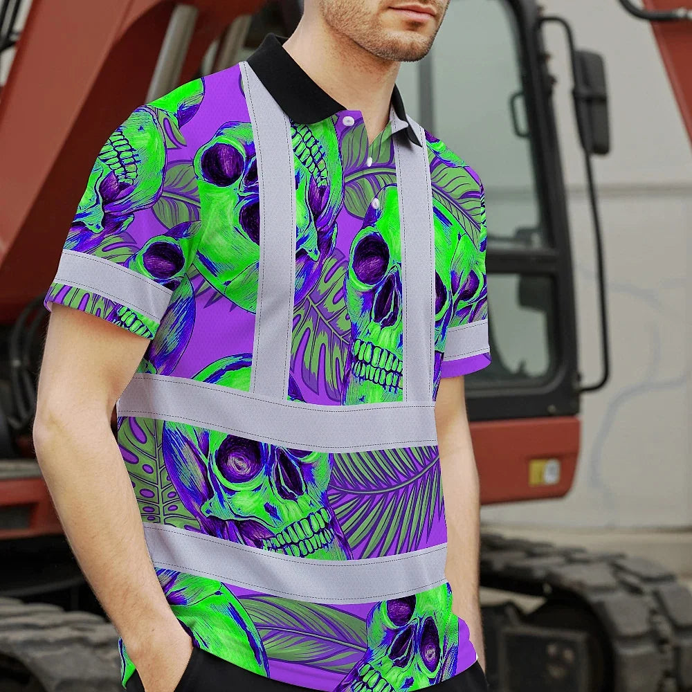 Hi Vis Polo Shirt Reflective Tapes Green Neon Violet Skull Custom Name Safety Workwear For Workers, Truckers, Operators