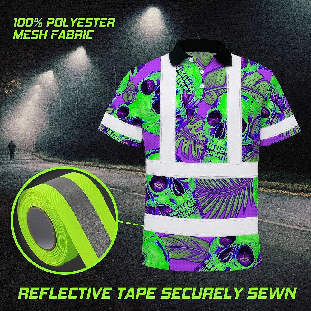 Hi Vis Polo Shirt Reflective Tapes Green Neon Violet Skull Custom Name Safety Workwear For Workers, Truckers, Operators