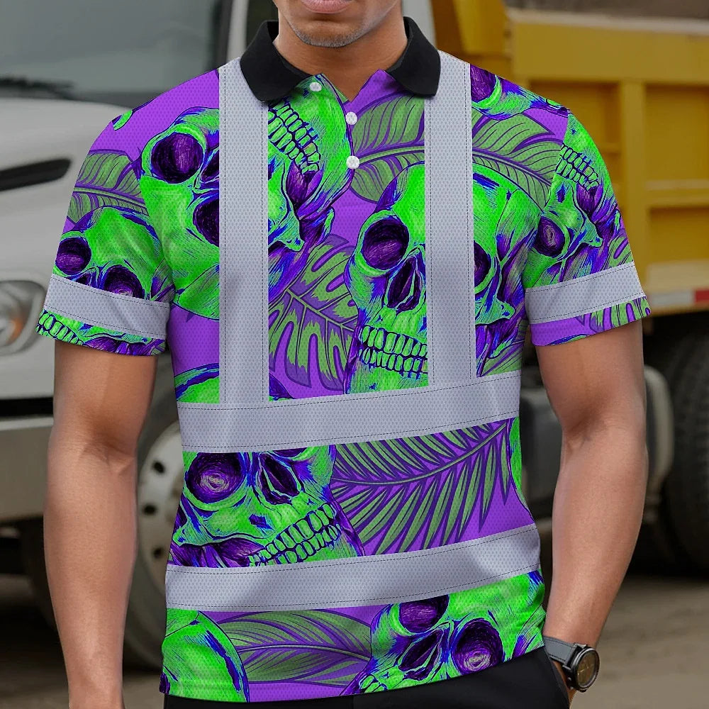 Hi Vis Polo Shirt Reflective Tapes Green Neon Violet Skull Custom Name Safety Workwear For Workers, Truckers, Operators