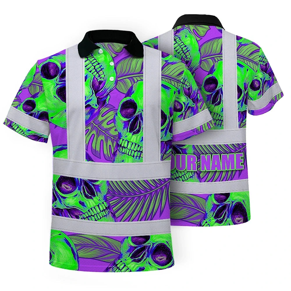Hi Vis Polo Shirt Reflective Tapes Green Neon Violet Skull Custom Name Safety Workwear For Workers, Truckers, Operators