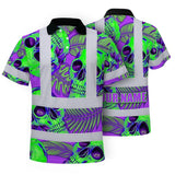Hi Vis Polo Shirt Reflective Tapes Green Neon Violet Skull Custom Name Safety Workwear For Workers, Truckers, Operators