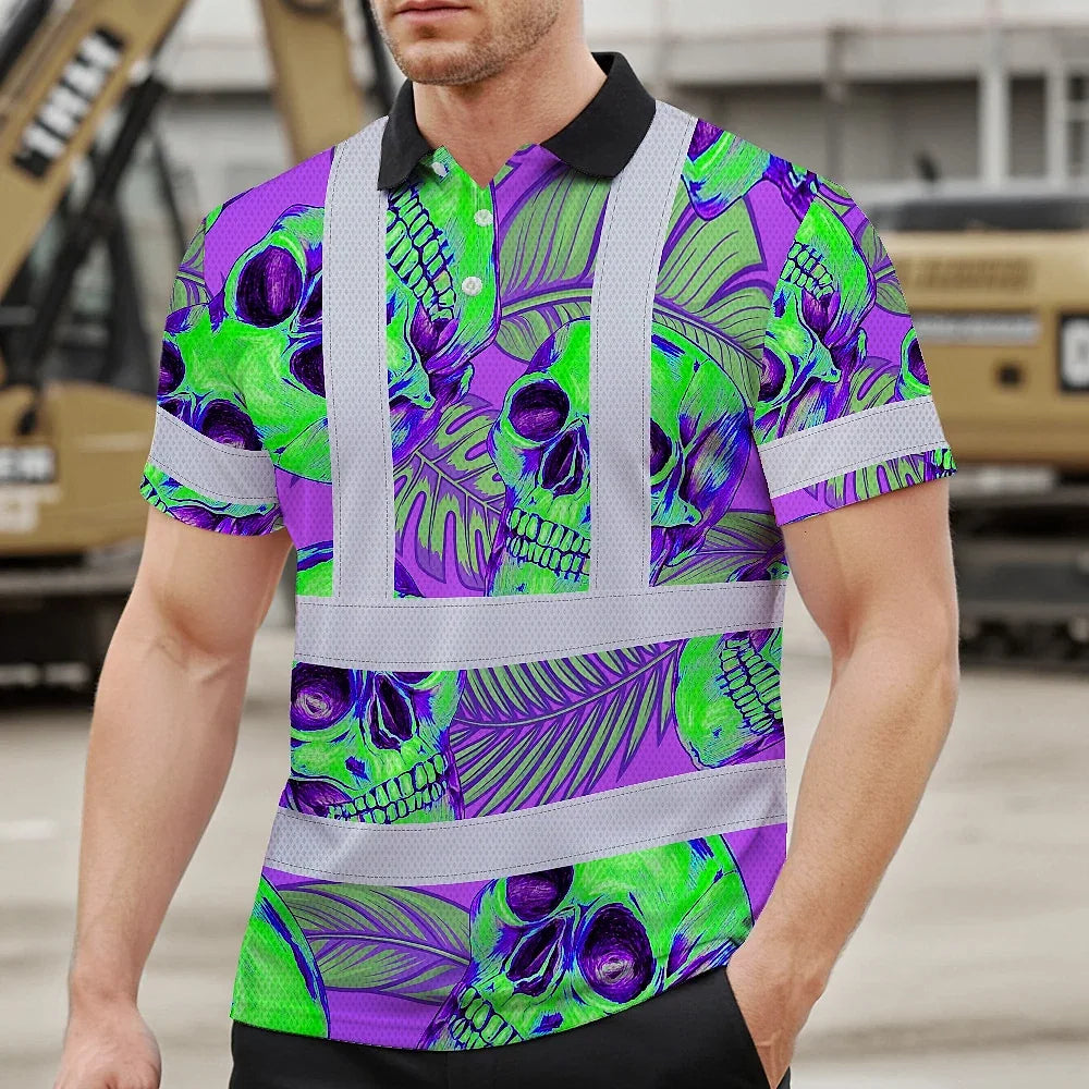 Hi Vis Polo Shirt Reflective Tapes Green Neon Violet Skull Custom Name Safety Workwear For Workers, Truckers, Operators