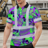 Hi Vis Polo Shirt Reflective Tapes Green Neon Violet Skull Custom Name Safety Workwear For Workers, Truckers, Operators