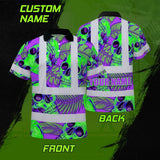 Hi Vis Polo Shirt Reflective Tapes Green Neon Violet Skull Custom Name Safety Workwear For Workers, Truckers, Operators