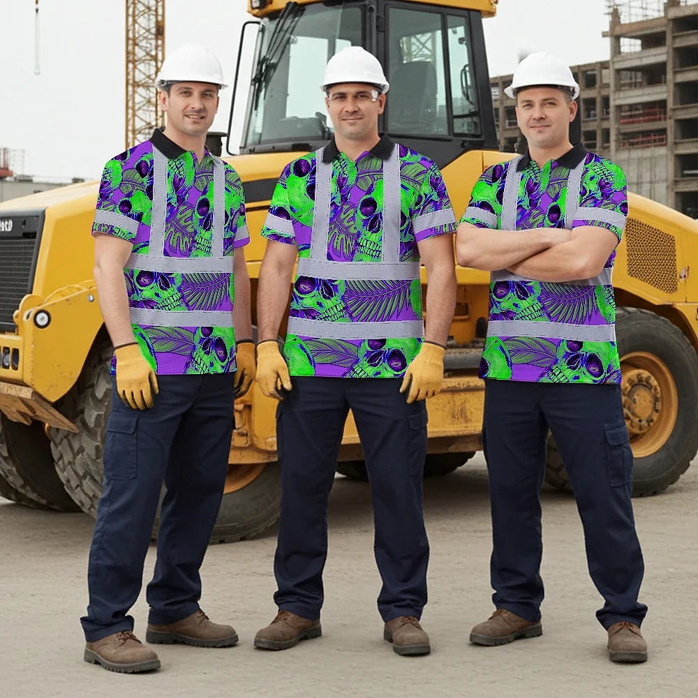 Hi Vis Polo Shirt Reflective Tapes Green Neon Violet Skull Custom Name Safety Workwear For Workers, Truckers, Operators