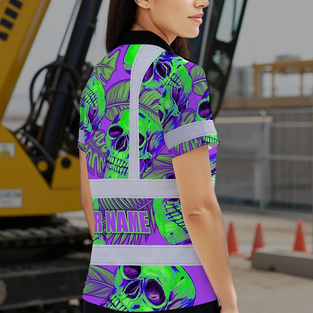 Hi Vis Polo Shirt Reflective Tapes Green Neon Violet Skull Custom Name Safety Workwear For Workers, Truckers, Operators